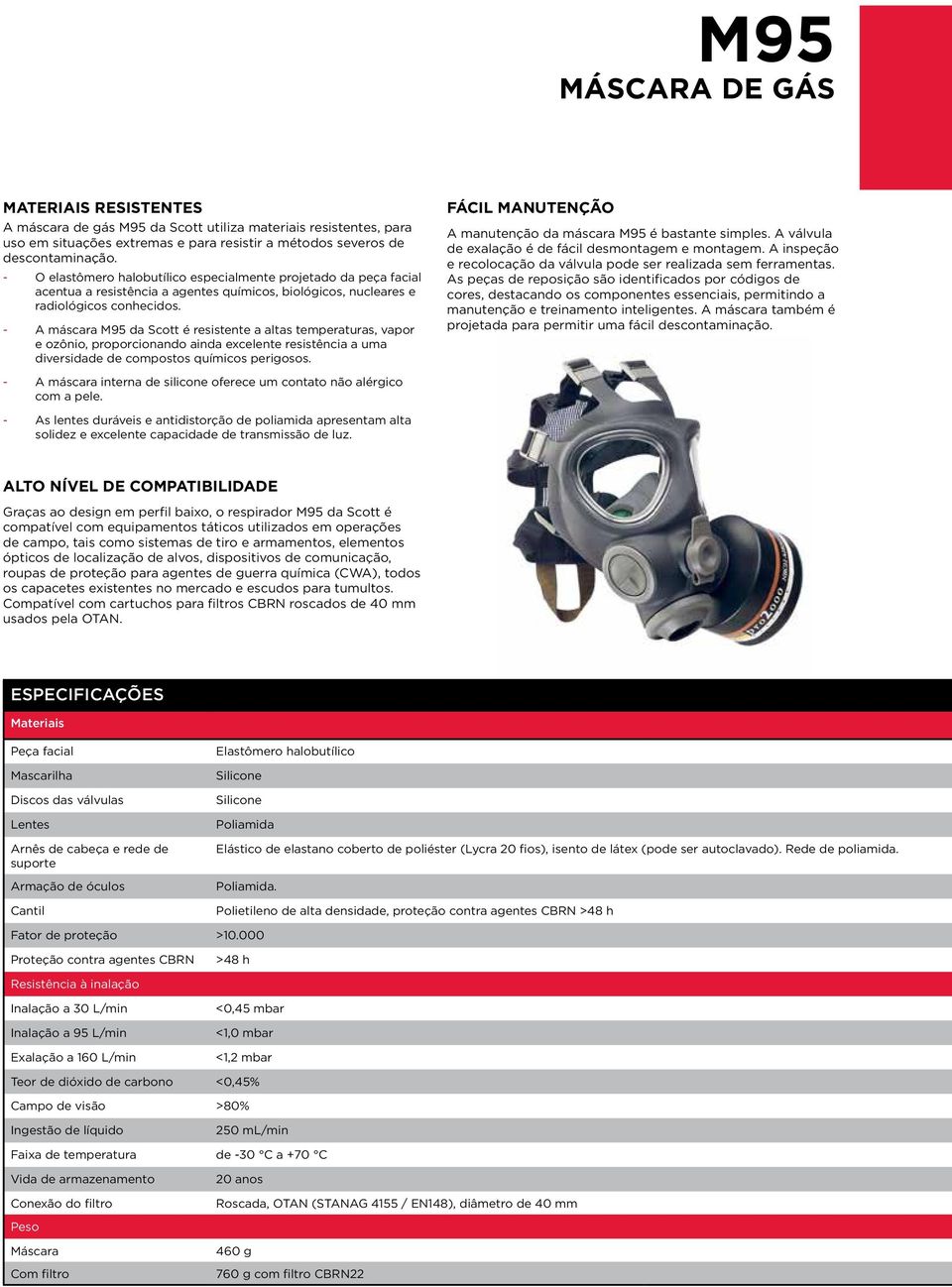 - A máscara M95 da Scott é resistente a altas temperaturas, vapor e ozônio, proporcionando ainda excelente resistência a uma diversidade de compostos químicos perigosos.