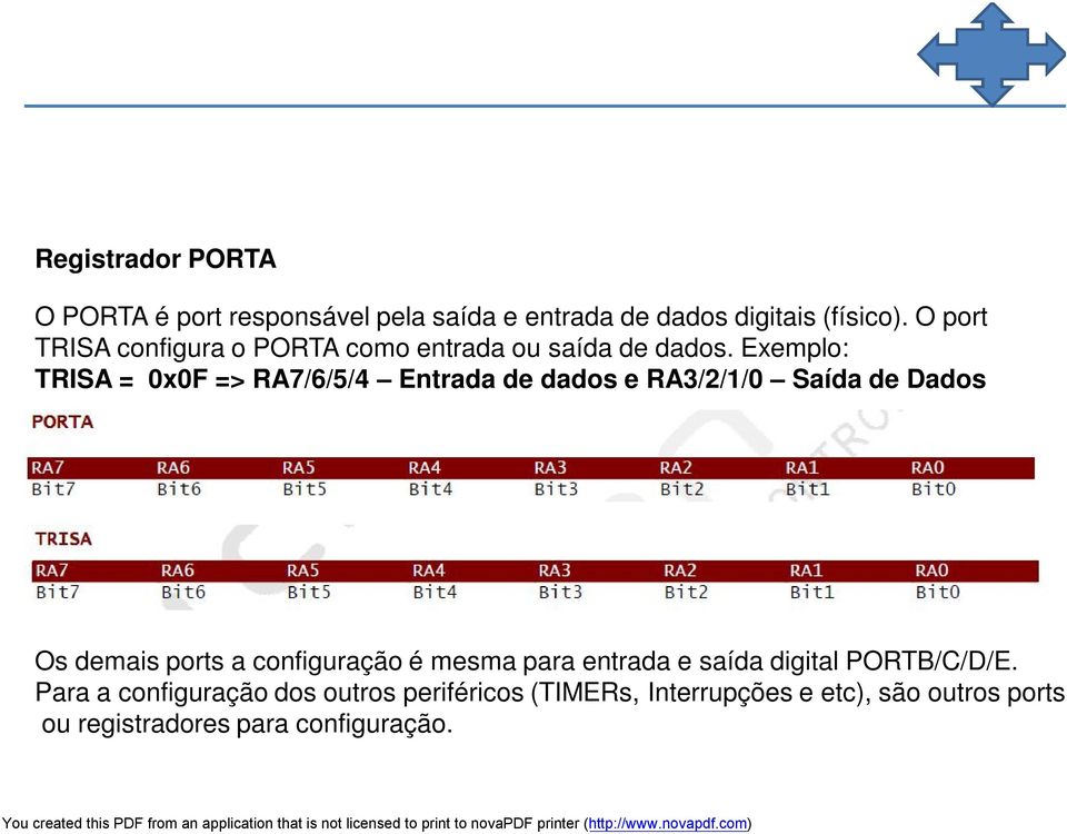 Exemplo: TRISA = 0x0F => RA7/6/5/4 Entrada de dados e RA3/2/1/0 Saída de Dados Os demais ports a configuração
