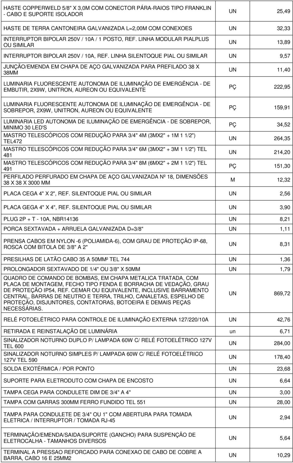 LINHA SILENTOQUE PIAL OU SIMILAR UN 9,57 JUNÇÃO/EMENDA EM CHAPA DE AÇO GALVANIZADA PARA PREFILADO 38 X 38MM LUMINARIA FLUORESCENTE AUTONOMA DE ILUMINAÇÃO DE EMERGÊNCIA - DE EMBUTIR, 2X9W, UNITRON,