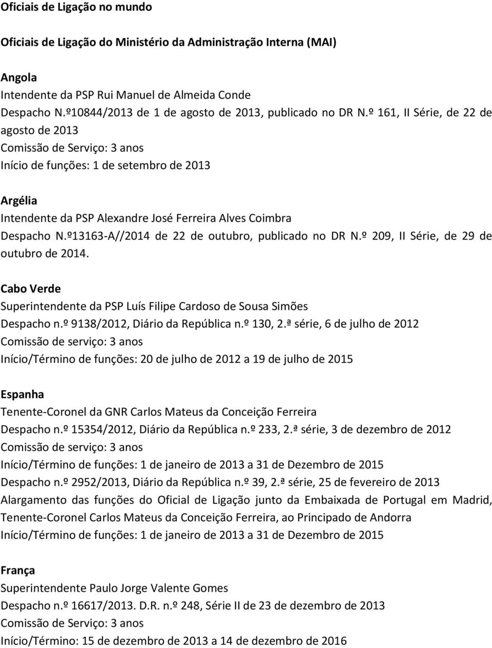 º13163-A//2014 de 22 de outubro, publicado no DR N.º 209, II Série, de 29 de outubro de 2014. Cabo Verde Superintendente da PSP Luís Filipe Cardoso de Sousa Simões Despacho n.