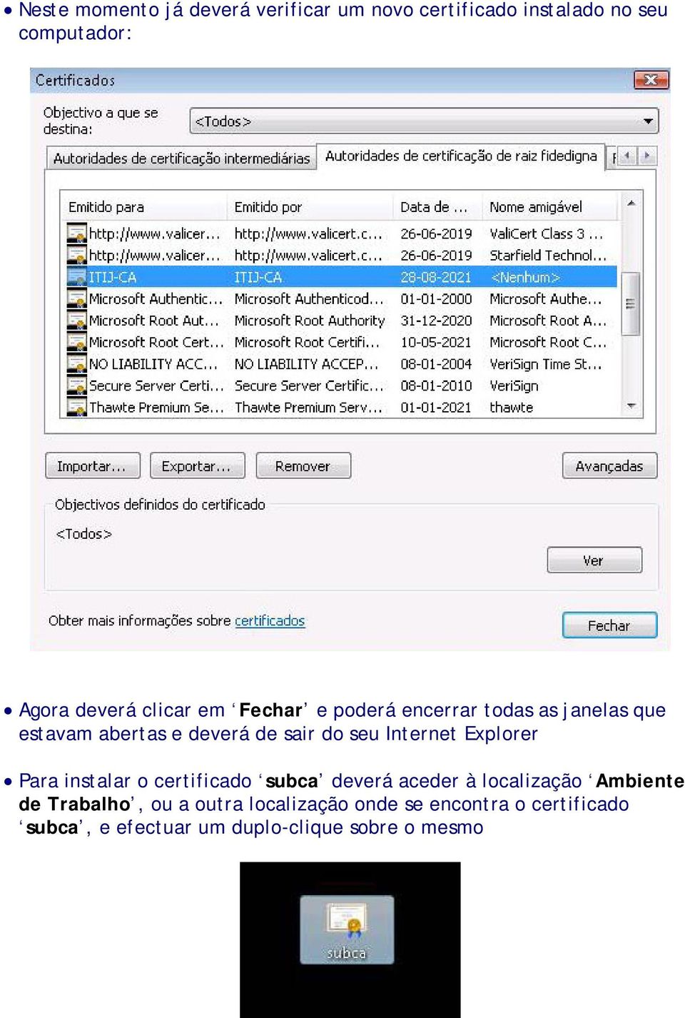 Internet Explorer Para instalar o certificado subca deverá aceder à localização Ambiente de