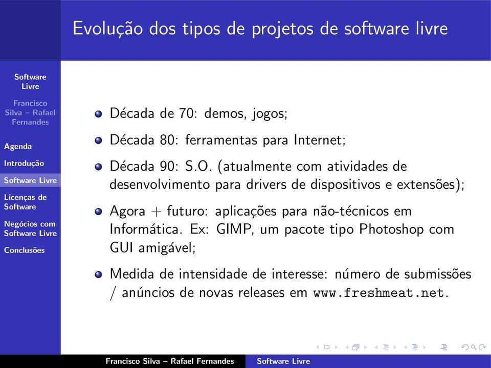 (atualmente com atividades de desenvolvimento para drivers de dispositivos e extensões); Agora + futuro: