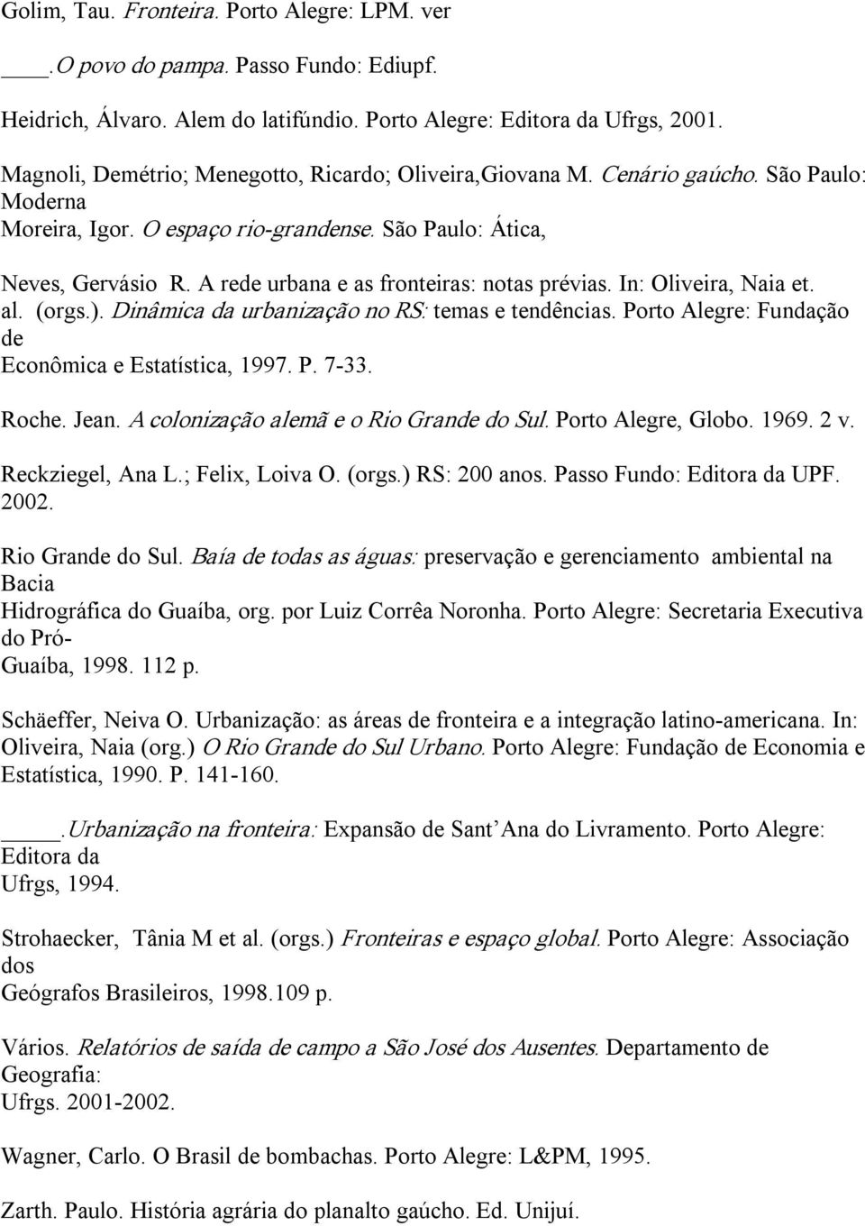 A re urbana e as fronteiras: notas prévias. In: Oliveira, Naia et. al. (orgs.). Dinâmica da urbanização no RS: temas e tendências. Porto Alegre: Fundação Econômica e Estatística, 1997. P. 7 33. Roche.