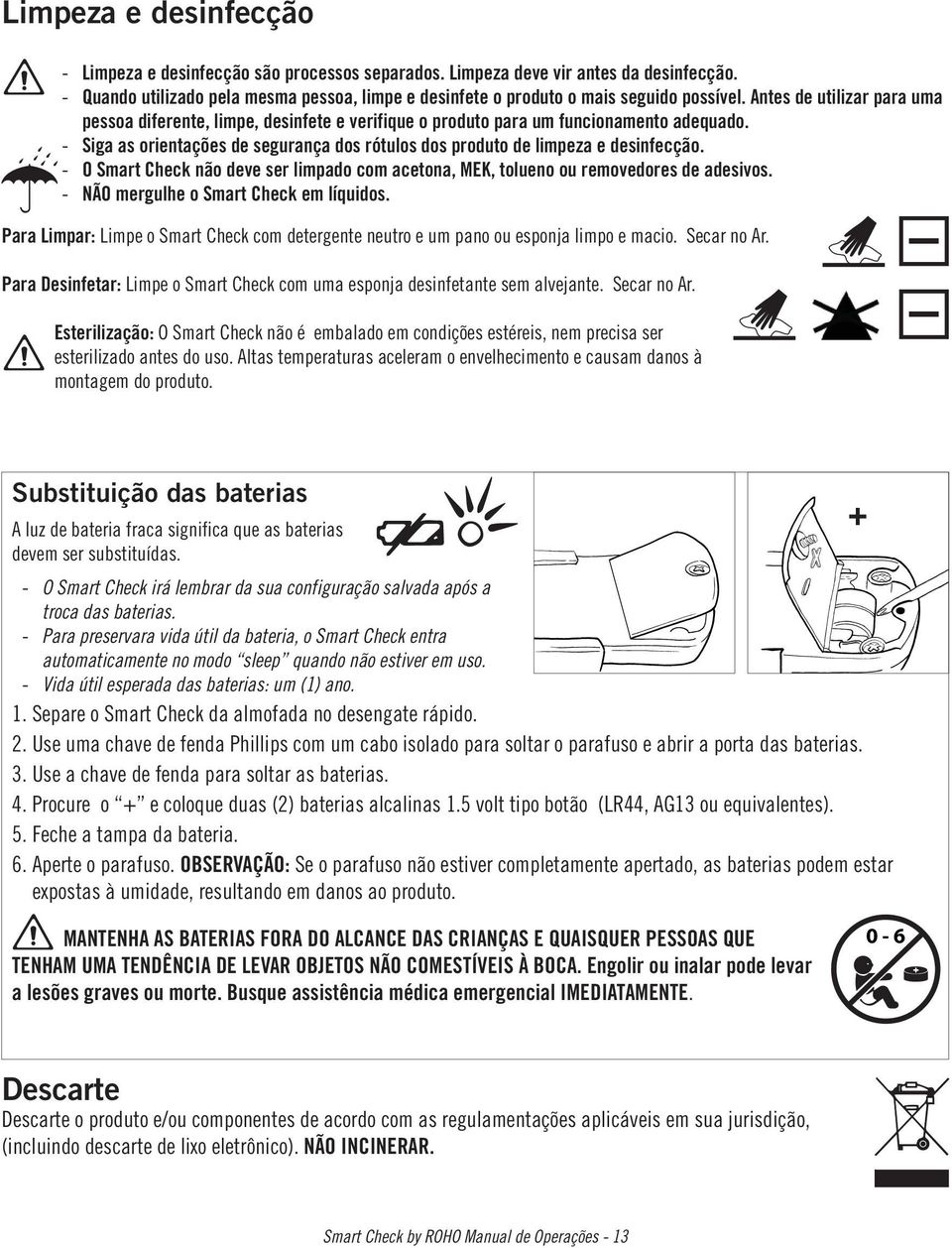 O Smart Check não deve ser limpado com acetona, MEK, tolueno ou removedores de adesivos. NÃO mergulhe o Smart Check em líquidos.