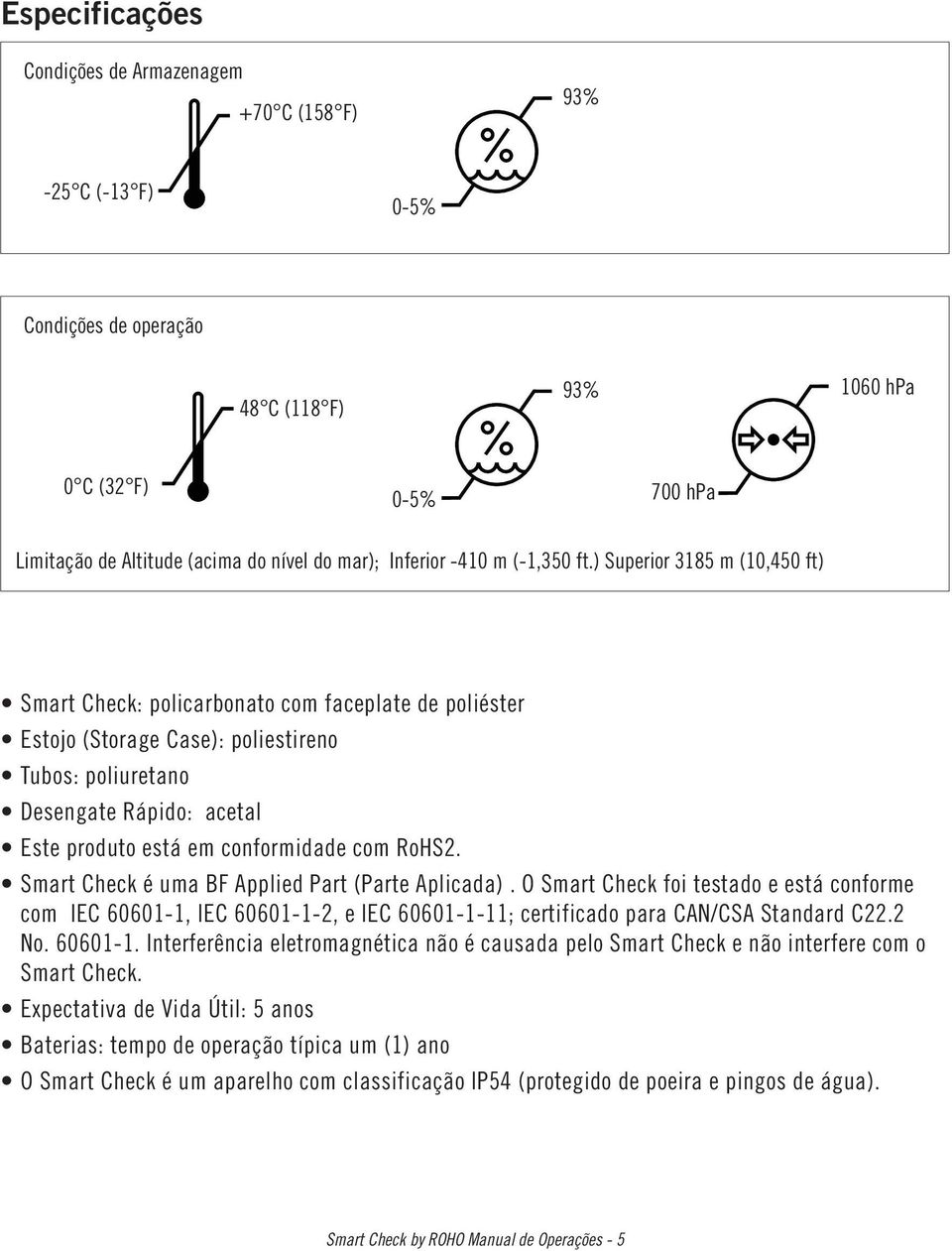 ) Superior 3185 m (10,450 ft) Smart Check: policarbonato com faceplate de poliéster Estojo (Storage Case): poliestireno Tubos: poliuretano Desengate Rápido: acetal Este produto está em conformidade