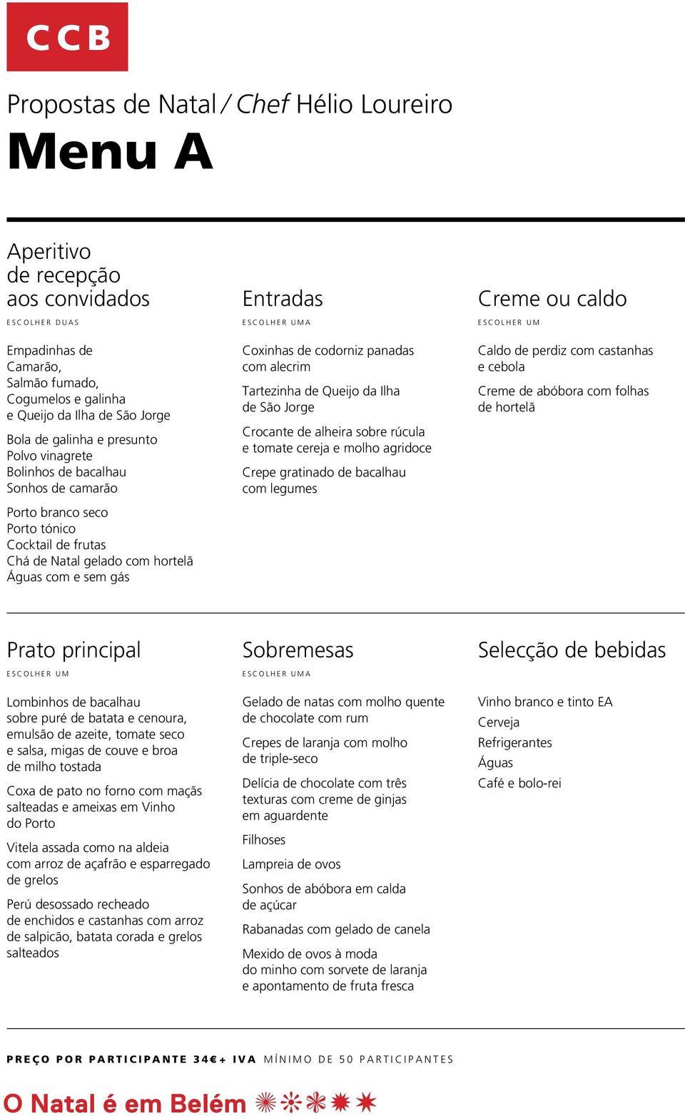 hortelã Águas com e sem gás Coxinhas de codorniz panadas com alecrim Tartezinha de Queijo da Ilha de São Jorge Crocante de alheira sobre rúcula e tomate cereja e molho agridoce Crepe gratinado de