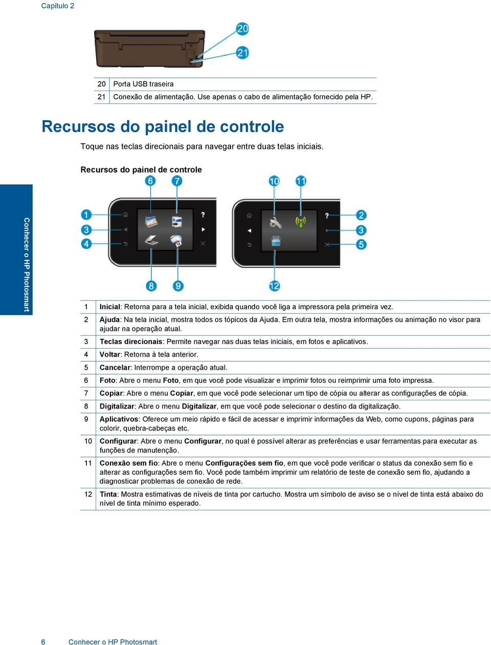 Recursos do painel de controle Conhecer o HP Photosmart 1 Inicial: Retorna para a tela inicial, exibida quando você liga a impressora pela primeira vez.