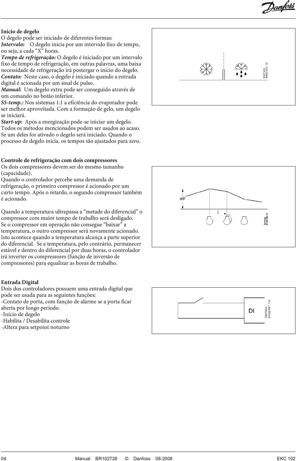 Contato: Neste caso, o degelo é iniciado quando a entrada digital é acionada por um sinal de pulso. Manual: Um degelo extra pode ser conseguido através de um comando botão inferior. S5-temp.