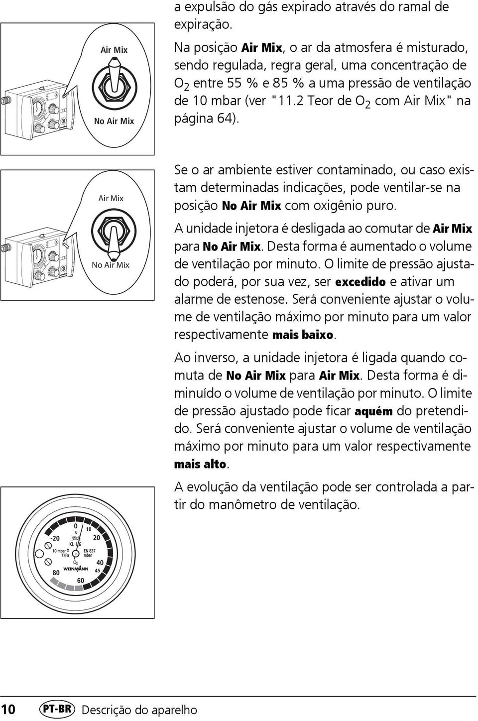 2 Teor de O 2 com Air Mix" na página 64). Air Mix No Air Mix Se o ar ambiente estiver contaminado, ou caso existam determinadas indicações, pode ventilar-se na posição No Air Mix com oxigênio puro.