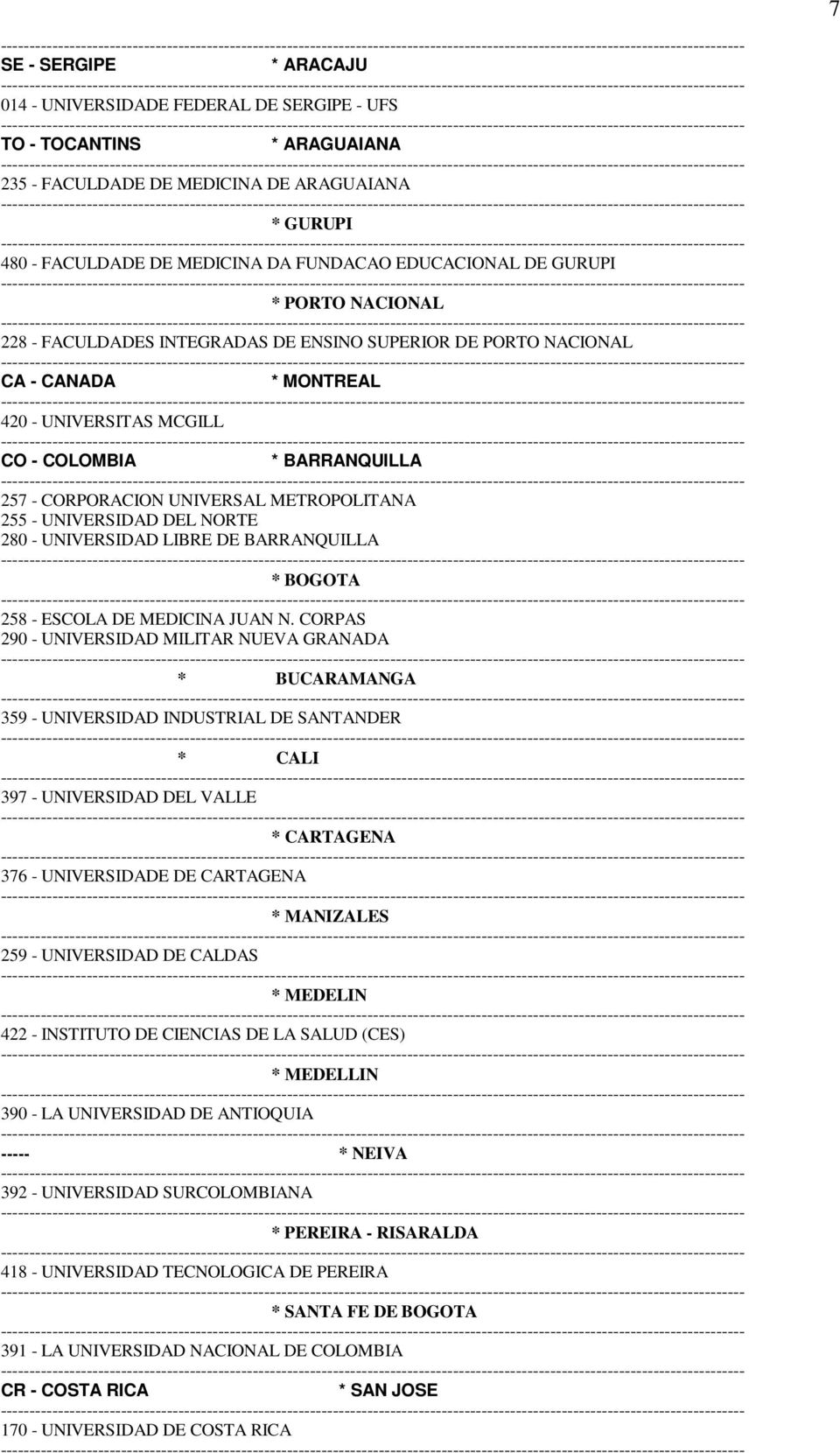 METROPOLITANA 255 - UNIVERSIDAD DEL NORTE 280 - UNIVERSIDAD LIBRE DE BARRANQUILLA * BOGOTA 258 - ESCOLA DE MEDICINA JUAN N.