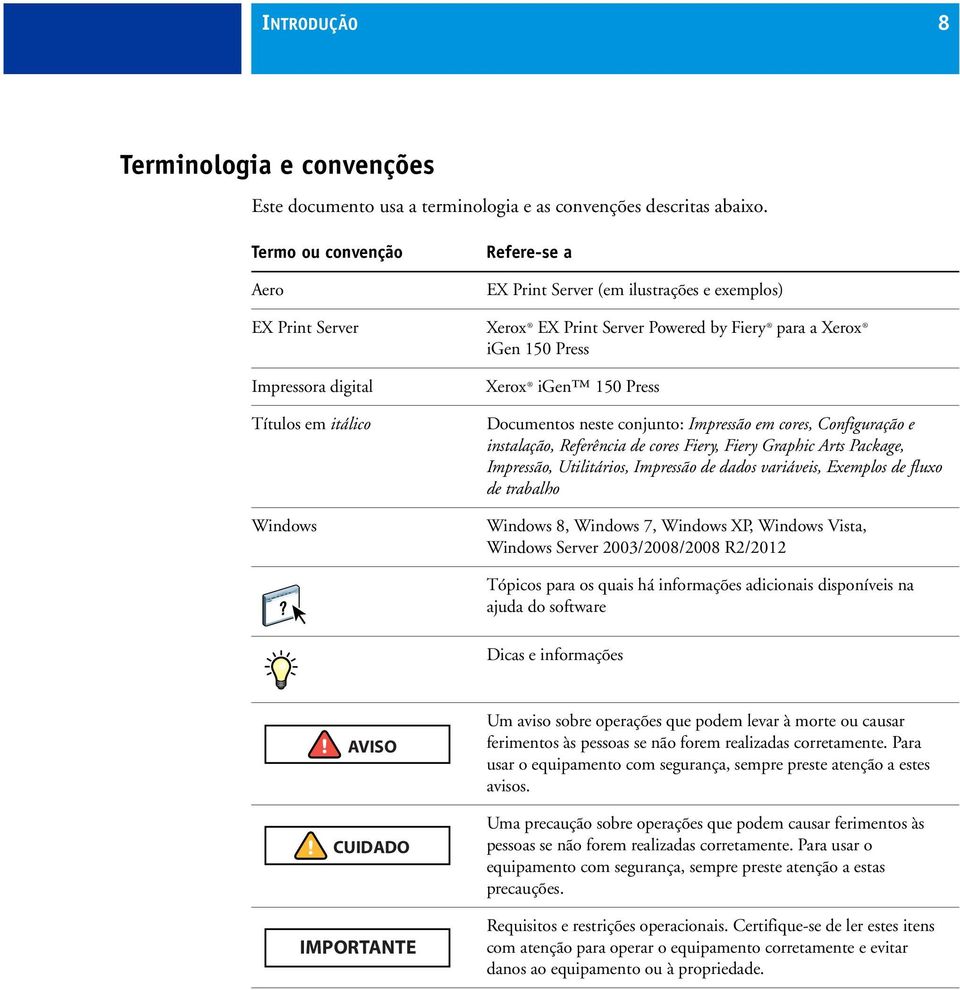 itálico Windows Xerox igen 150 Press Documentos neste conjunto: Impressão em cores, Configuração e instalação, Referência de cores Fiery, Fiery Graphic Arts Package, Impressão, Utilitários, Impressão