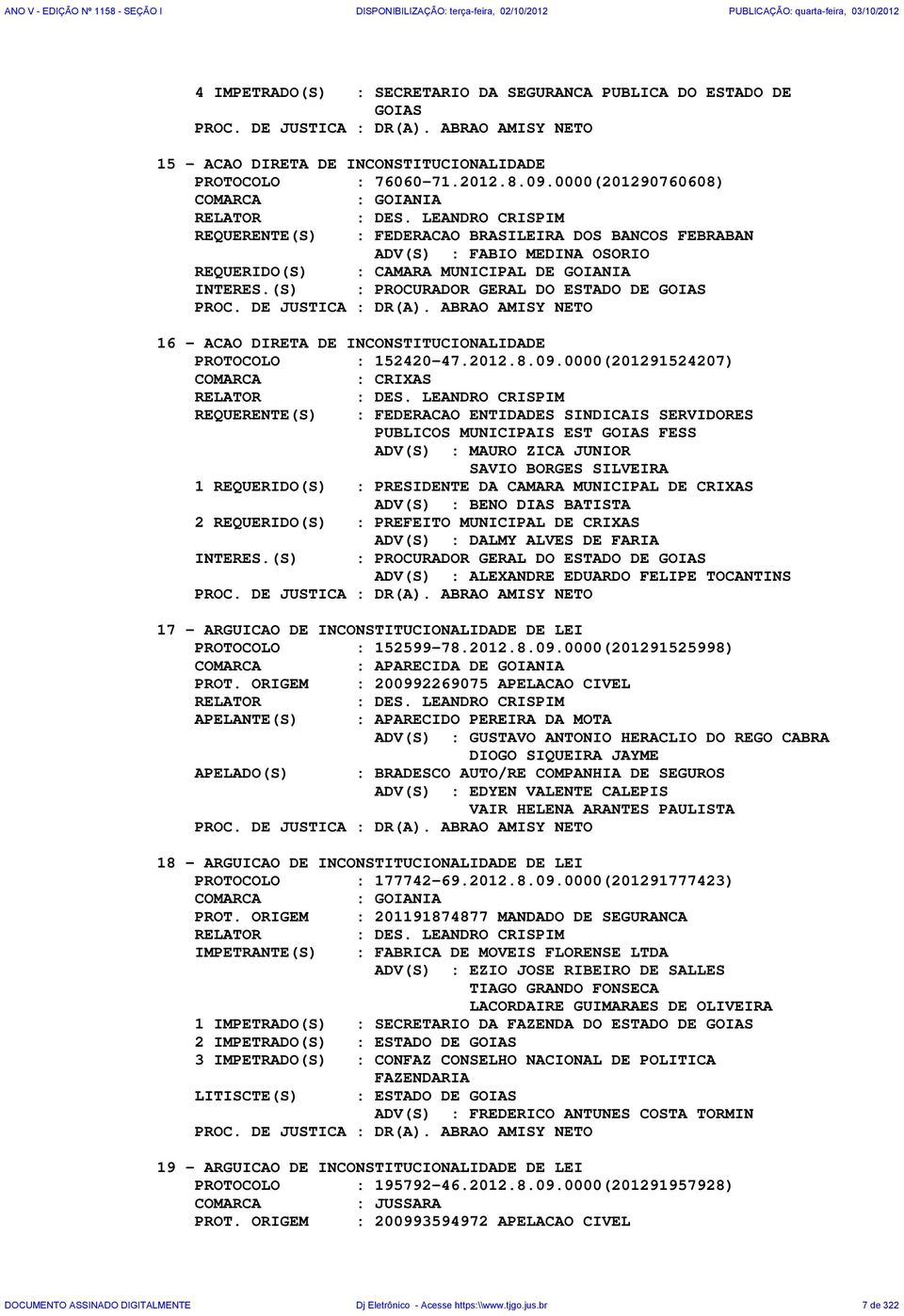 (S) : PROCURADOR GERAL DO ESTADO DE GOIAS PROC. DE JUSTICA : DR(A). ABRAO AMISY NETO 16 - ACAO DIRETA DE INCONSTITUCIONALIDADE PROTOCOLO : 152420-47.2012.8.09.0000(201291524207) : CRIXAS : DES.