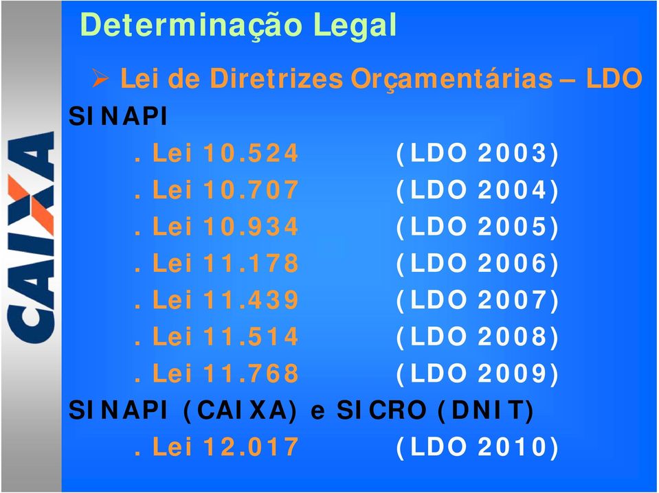 Lei 11.178 (LDO 2006). Lei 11.439 (LDO 2007). Lei 11.514 (LDO 2008).