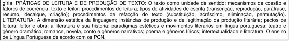 escrita (transcrição, reprodução, paráfrase, resumo, decalque, criação); procedimentos de refacção do texto (substituição, acréscimo, eliminação, permutação).