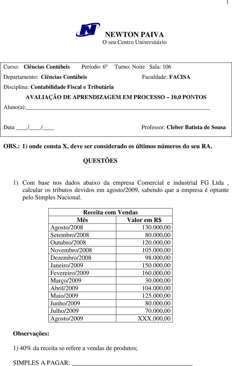 QUESTÕES 1) Com base nos dados abaixo da empresa Comercial e industrial FG Ltda, calcular os tributos devidos em agosto/2009, sabendo que a empresa é optante pelo Simples Nacional.