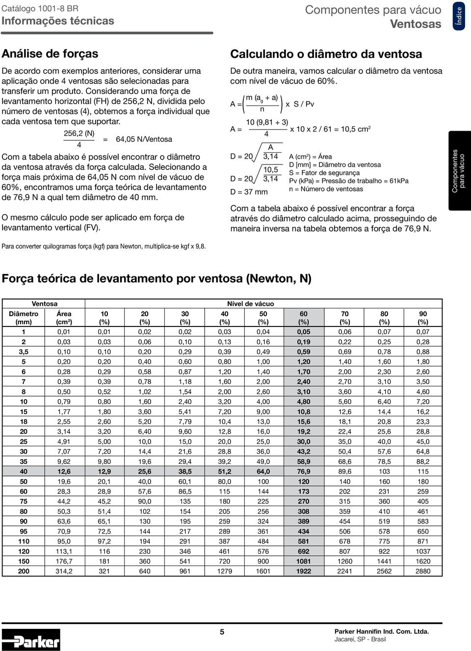 256,2 (N) = 64,05 N/Ventosa 4 om a tabela abaixo é possível encontrar o diâmetro da ventosa através da força calculada.