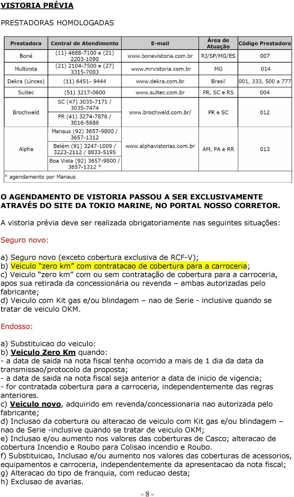 a carroceria; c) Veiculo zero km com ou sem contratação de cobertura para a carroceria, apos sua retirada da concessionária ou revenda ambas autorizadas pelo fabricante; d) Veiculo com Kit gas e/ou