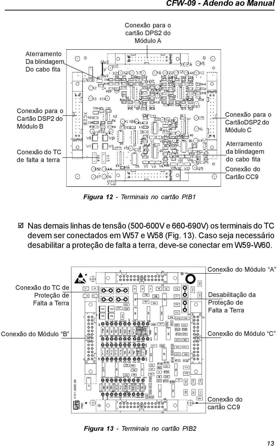 do TC devem ser conectados em W57 e W58 (Fig. 13). Caso seja necessário desabilitar a proteção de falta a terra, deve-se conectar em W59-W60.