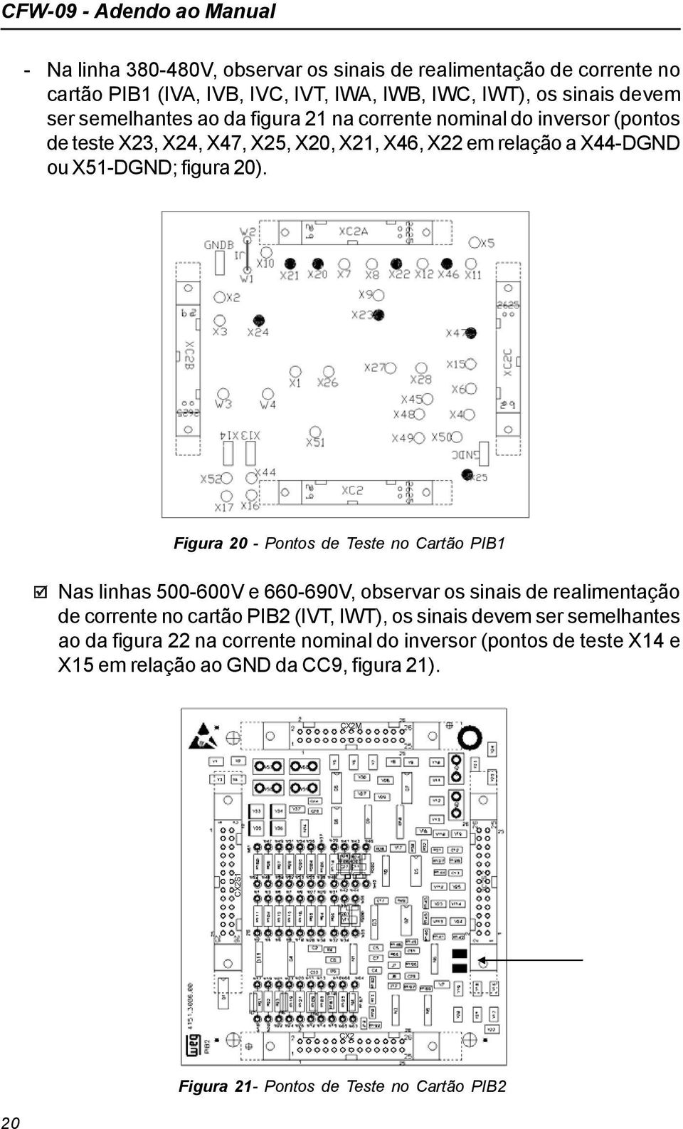 Figura 20 - Pontos de Teste no Cartão PIB1 Nas linhas 500-600V e 660-690V, observar os sinais de realimentação de corrente no cartão PIB2 (IVT, IWT), os sinais devem