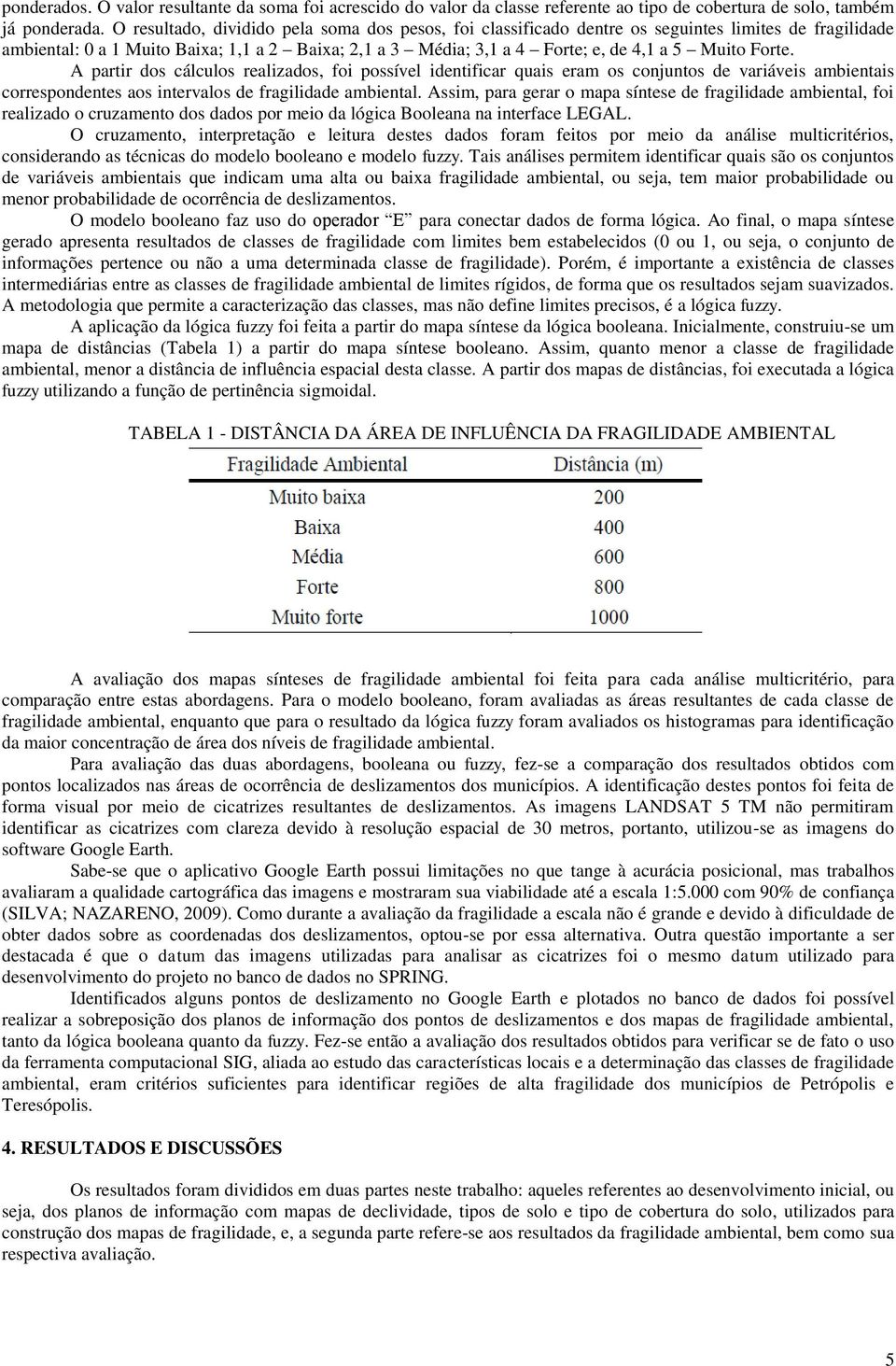 Forte. A partir dos cálculos realizados, foi possível identificar quais eram os conjuntos de variáveis ambientais correspondentes aos intervalos de fragilidade ambiental.