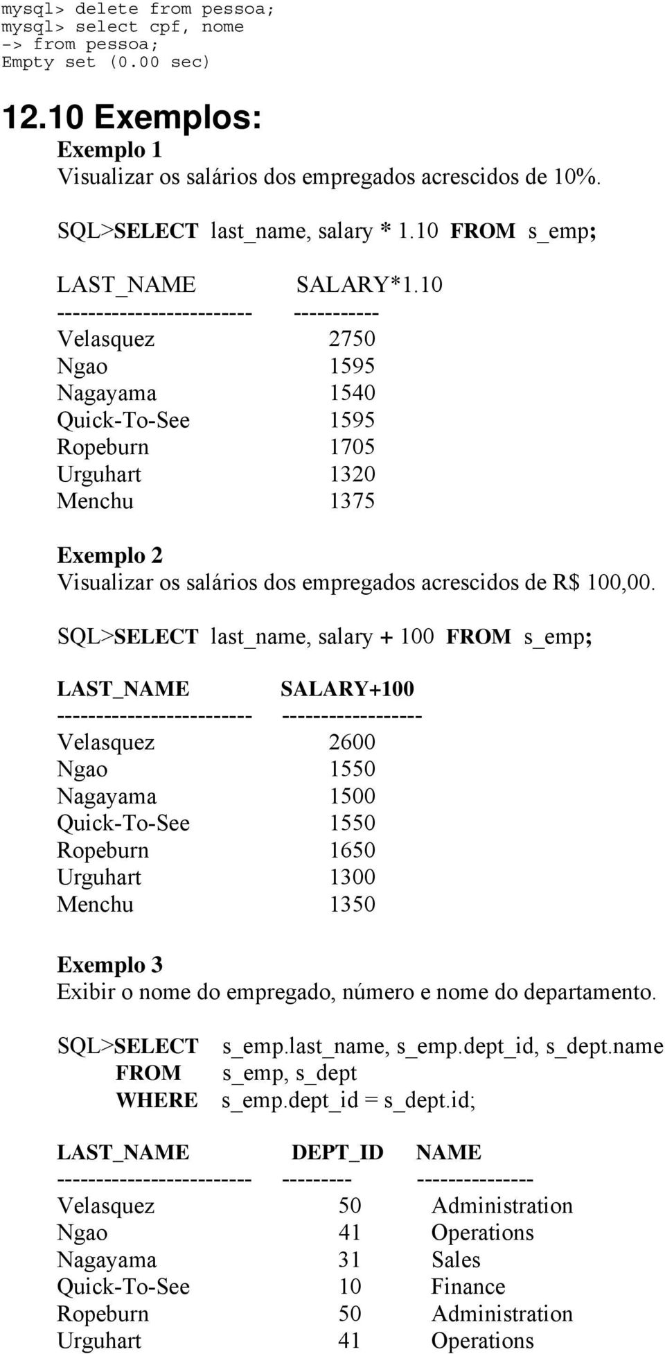 10 ------------------------- ----------- Velasquez 2750 Ngao 1595 Nagayama 1540 Quick-To-See 1595 Ropeburn 1705 Urguhart 1320 Menchu 1375 Exemplo 2 Visualizar os salários dos empregados acrescidos de