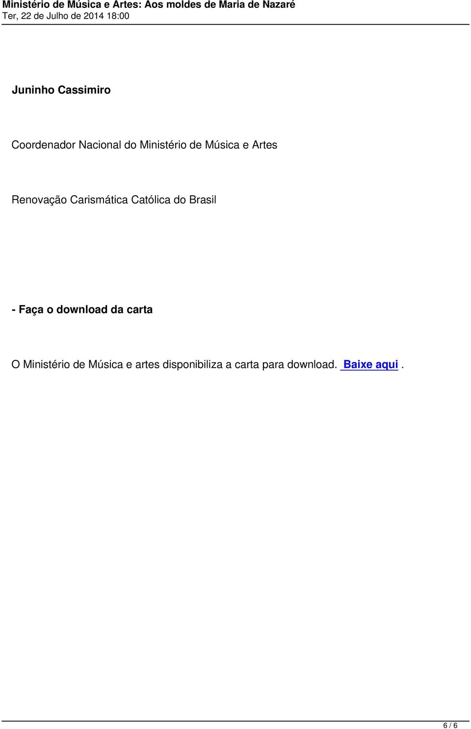 - Faça o download da carta O Ministério de Música e