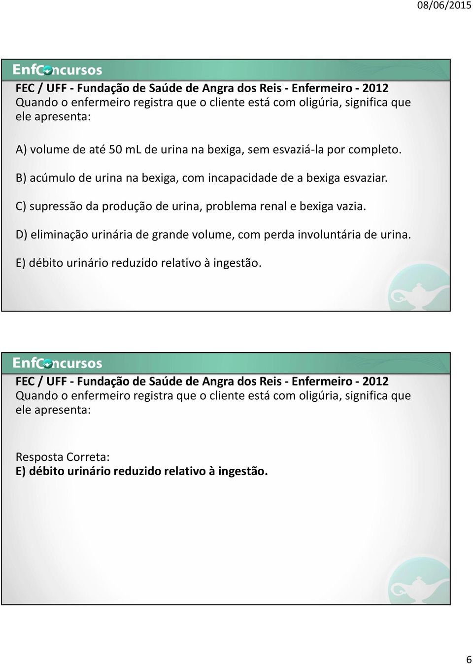 C) supressão da produção de urina, problema renal e bexiga vazia. D) eliminação urinária de grande volume, com perda involuntária de urina.