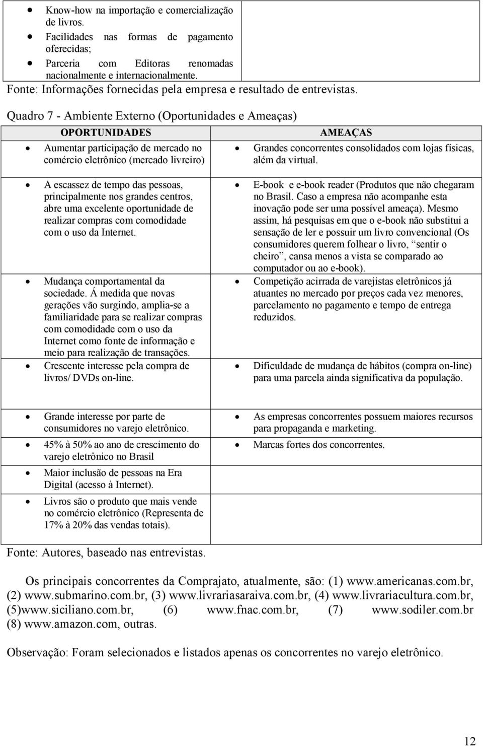 Quadro 7 - Ambiente Externo (Oportunidades e Ameaças) OPORTUNIDADES Aumentar participação de mercado no comércio eletrônico (mercado livreiro) AMEAÇAS Grandes concorrentes consolidados com lojas