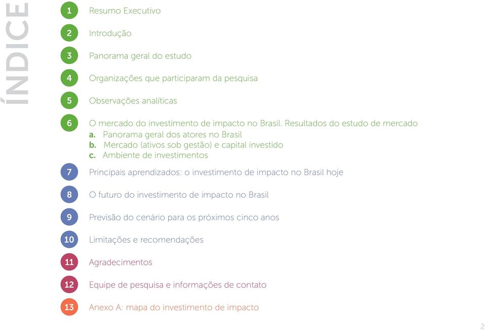 Ambiente de investimentos 7 Principais aprendizados: o investimento de impacto no Brasil hoje 8 O futuro do investimento de impacto no Brasil 9 Previsão do