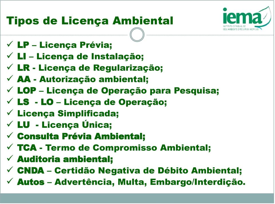 Simplificada; LU - Licença Única; Consulta Prévia Ambiental; TCA - Termo de Compromisso Ambiental;