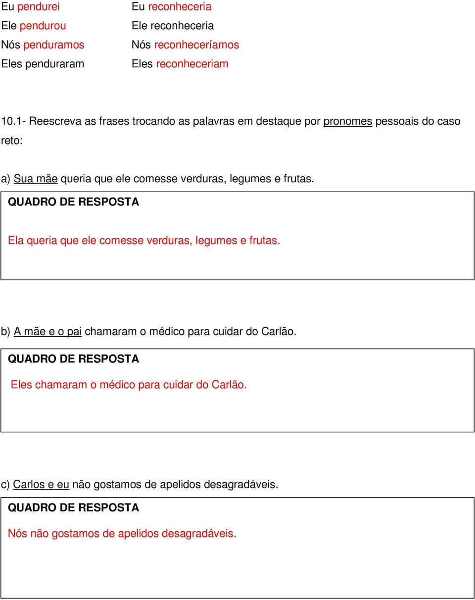 legumes e frutas. Ela queria que ele comesse verduras, legumes e frutas. b) A mãe e o pai chamaram o médico para cuidar do Carlão.