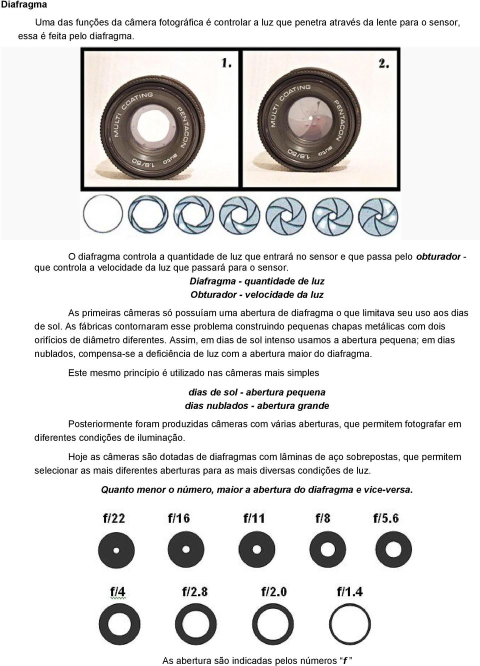 Diafragma - quantidade de luz Obturador - velocidade da luz As primeiras câmeras só possuíam uma abertura de diafragma o que limitava seu uso aos dias de sol.