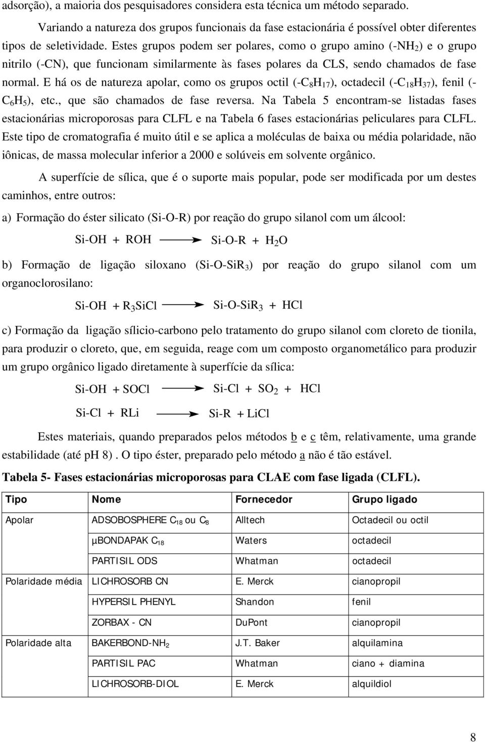 E há os de natureza apolar, como os grupos octil (-C 8 H 17 ), octadecil (-C 18 H 37 ), fenil (- C 6 H 5 ), etc., que são chamados de fase reversa.