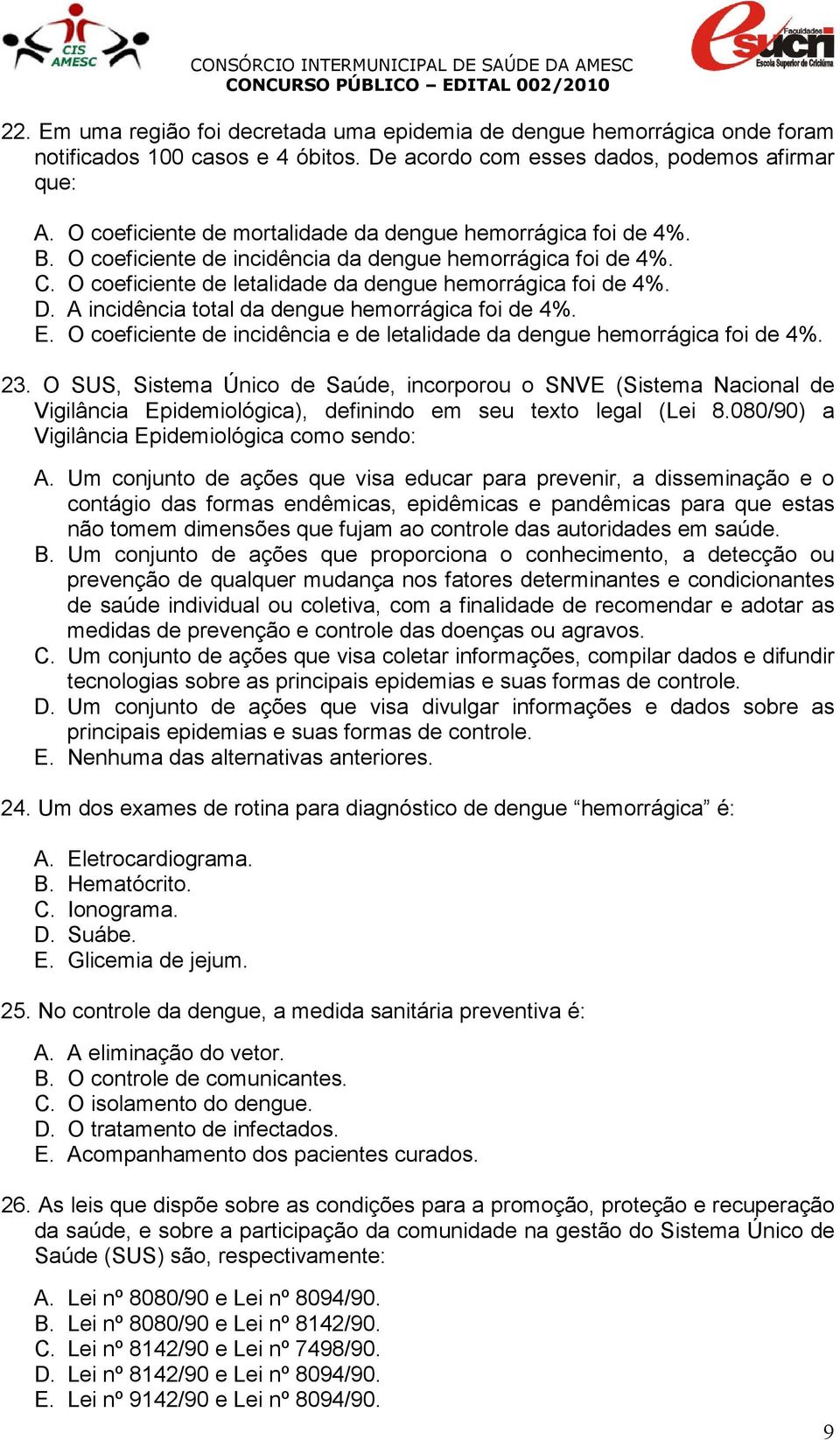 A incidência total da dengue hemorrágica foi de 4%. E. O coeficiente de incidência e de letalidade da dengue hemorrágica foi de 4%. 23.