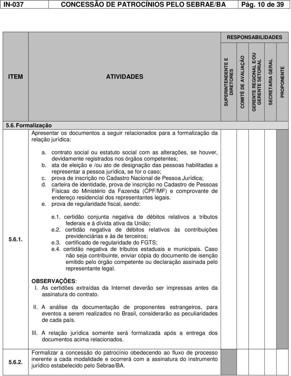 Formalização Apresentar os documentos a seguir relacionados para a formalização da relação jurídica: a.