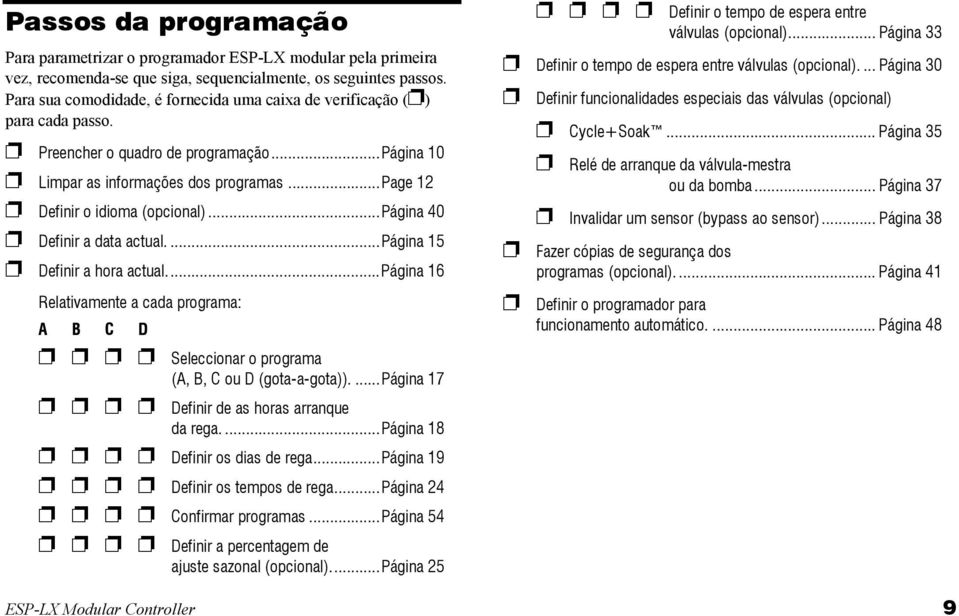 ..página 40 Definir a data actual....página 15 Definir a hora actual...página 16 Relativamente a cada programa: A B C D Seleccionar o programa (A, B, C ou D (gota-a-gota)).