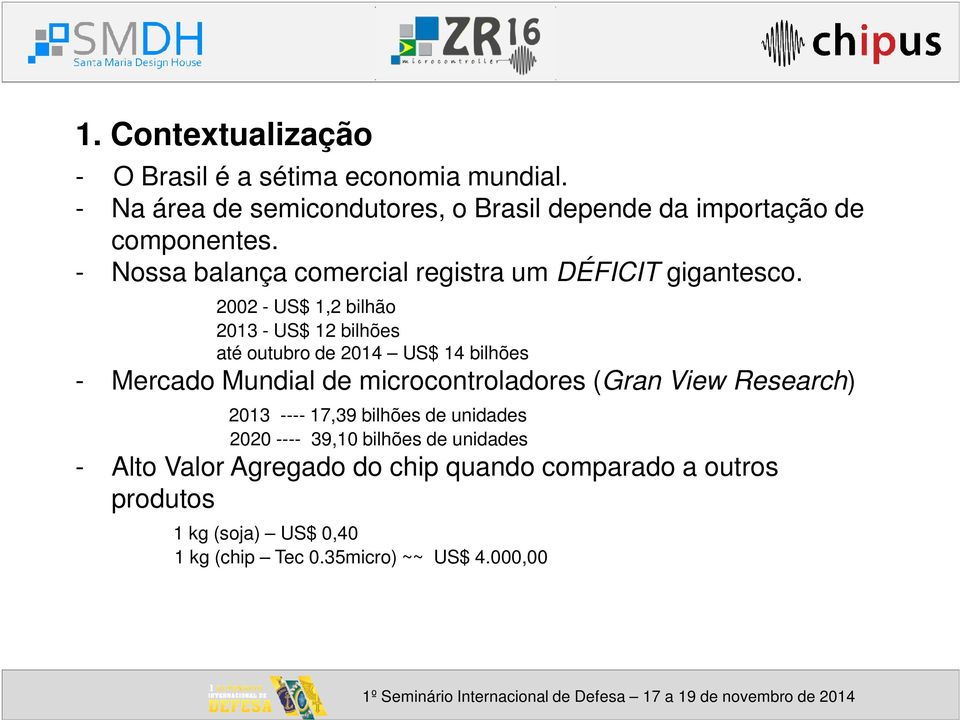 2002 - US$ 1,2 bilhão 2013 - US$ 12 bilhões até outubro de 2014 US$ 14 bilhões - Mercado Mundial de microcontroladores (Gran View