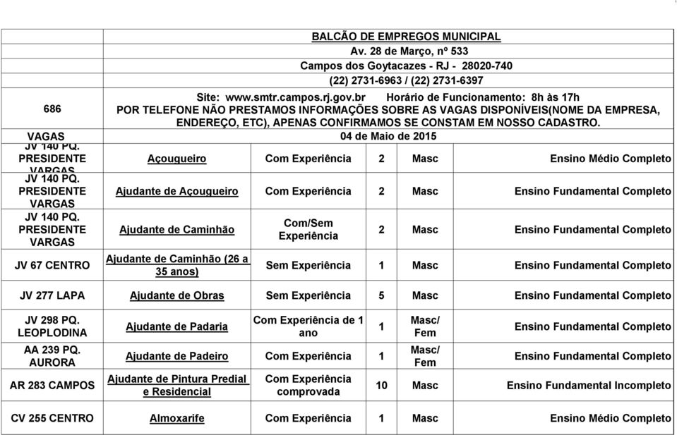 28 de Março, nº 533 Campos dos Goytacazes - RJ - 28020-740 (22) 273-6963 / (22) 273-6397 Site: www.smtr.campos.rj.gov.