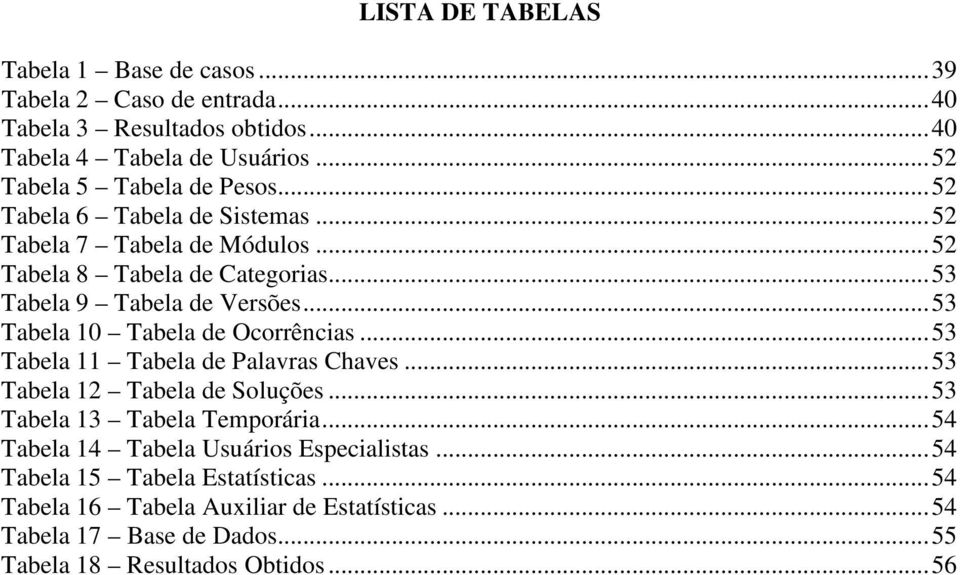 .. 53 Tabela 9 Tabela de Versões... 53 Tabela 10 Tabela de Ocorrências... 53 Tabela 11 Tabela de Palavras Chaves... 53 Tabela 12 Tabela de Soluções.