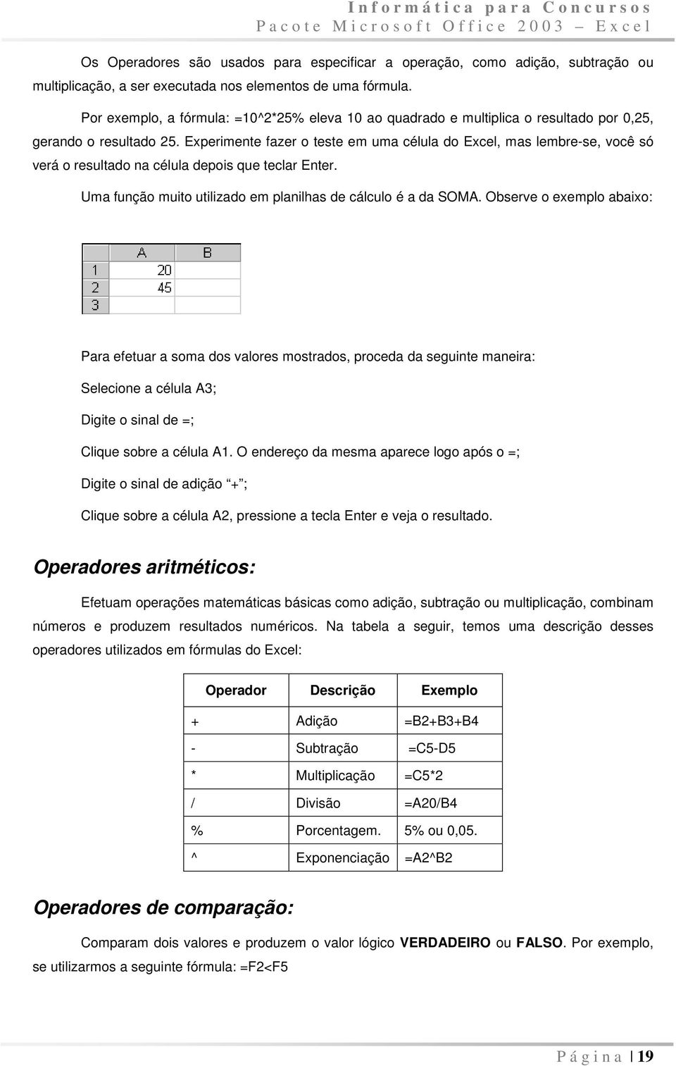 Experimente fazer o teste em uma célula do Excel, mas lembre-se, você só verá o resultado na célula depois que teclar Enter. Uma função muito utilizado em planilhas de cálculo é a da SOMA.