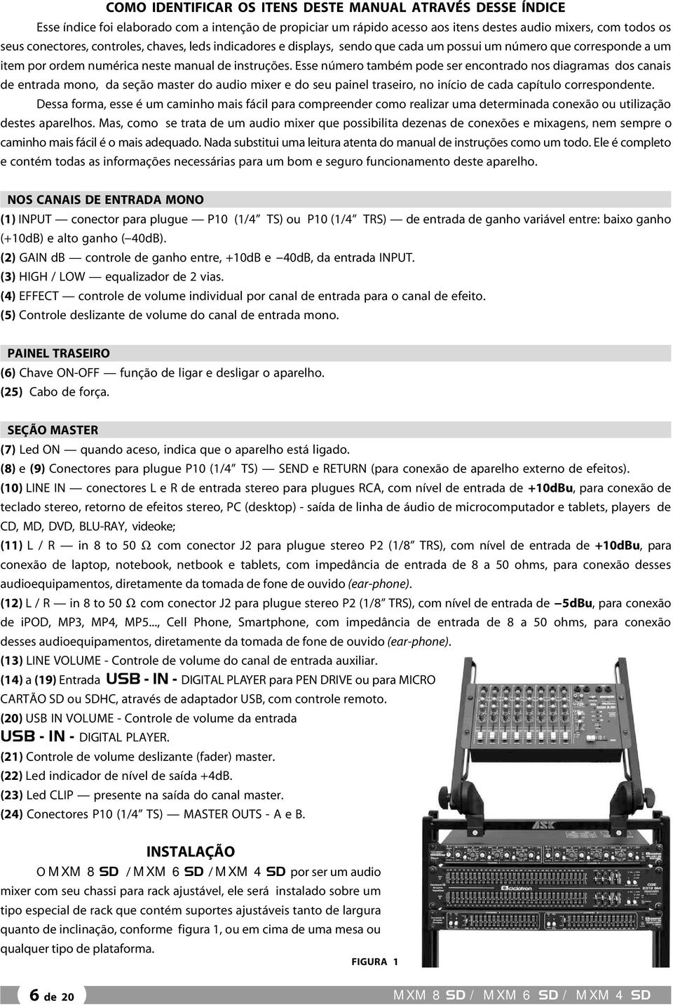 Esse número também pode ser encontrado nos diagramas dos canais de entrada mono, da seção master do audio mixer e do seu painel traseiro, no início de cada capítulo correspondente.