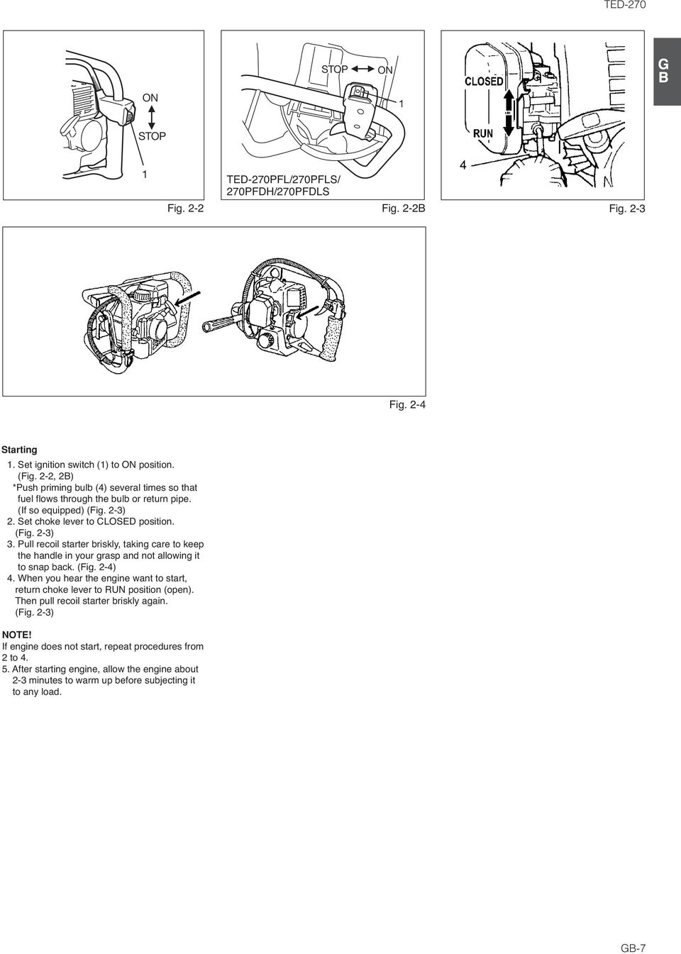 Pull recoil starter briskly, taking care to keep the handle in your grasp and not allowing it to snap back. (Fig. 2-4) 4.