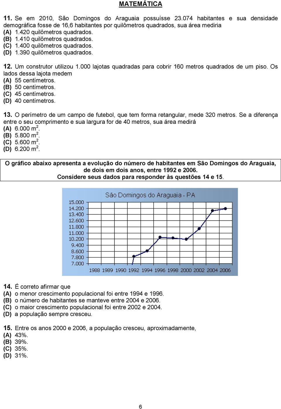 000 lajotas quadradas para cobrir 160 metros quadrados de um piso. Os lados dessa lajota medem (A) 55 centímetros. (B) 50 centímetros. (C) 45 centímetros. (D) 40 centímetros. 13.