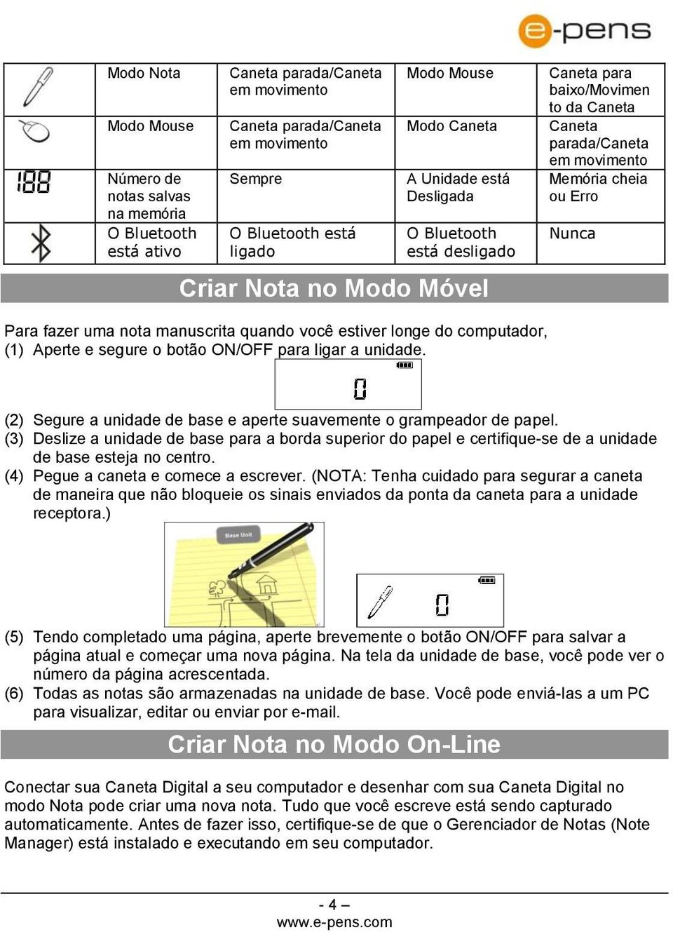 manuscrita quando você estiver longe do computador, (1) Aperte e segure o botão ON/OFF para ligar a unidade. (2) Segure a unidade de base e aperte suavemente o grampeador de papel.