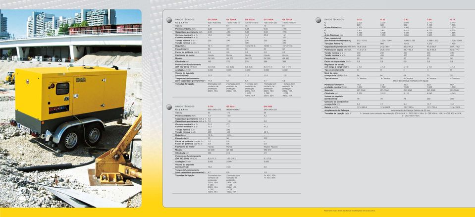 1~ 10/12/10 3~ 12/22 1~ 10/12/10 3~ Frequência Hz 50 50 50 50 50 Factor de potência cos φ 0,9 0,9 0,8 0,9 0,8 Fabricante do motor Honda Honda Honda Honda Honda Modelo GX 160 GX 270 GX 270 GX 390 GX