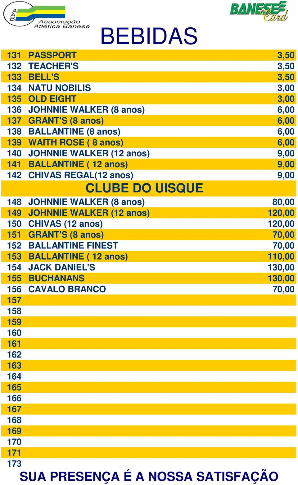 DO UISQUE 148 JOHNNIE WALKER (8 anos) 80,00 149 JOHNNIE WALKER (12 anos) 120,00 150 CHIVAS (12 anos) 120,00 151 GRANT'S (8 anos) 70,00 152 BALLANTINE FINEST 70,00