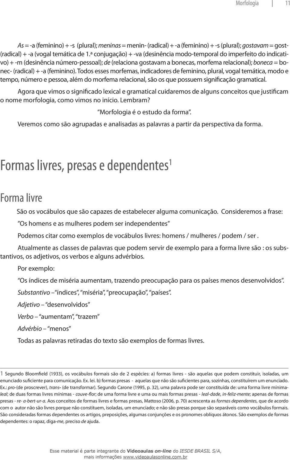 (feminino). Todos esses morfemas, indicadores de feminino, plural, vogal temática, modo e tempo, número e pessoa, além do morfema relacional, são os que possuem significação gramatical.