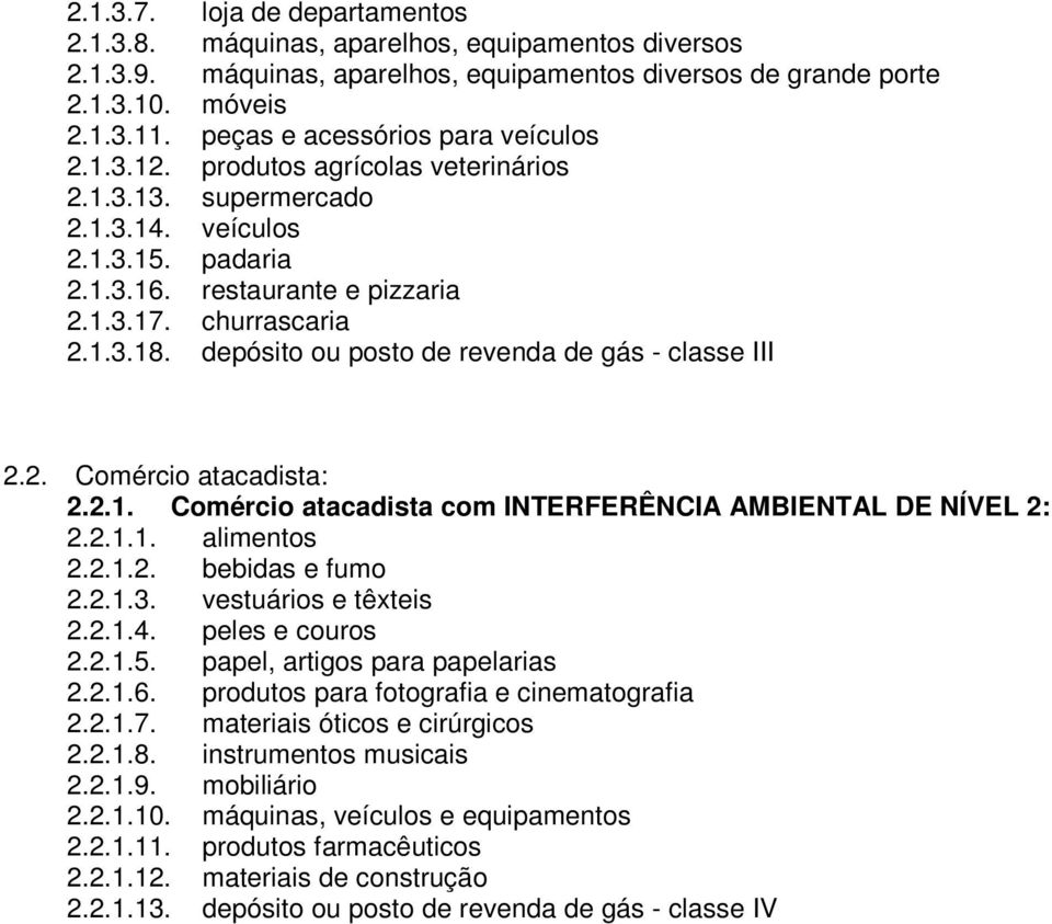 depósito ou posto de revenda de gás - classe III 2.2. Comércio atacadista: 2.2.1. Comércio atacadista com INTERFERÊNCIA AMBIENTAL DE NÍVEL 2: 2.2.1.1. alimentos 2.2.1.2. bebidas e fumo 2.2.1.3.