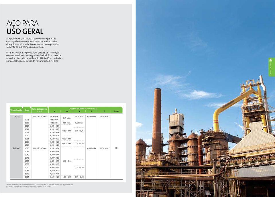 galvanização (USIGV) 15 * Especificação Grau Faixa de Espessura Composição Química (% em massa) C Mn Si P S Outros USIGV 1006 6,00 E 101,60 0,08 máx 0,80 máx 0,45 máx 0,020 máx 0,035 máx 0,035 máx