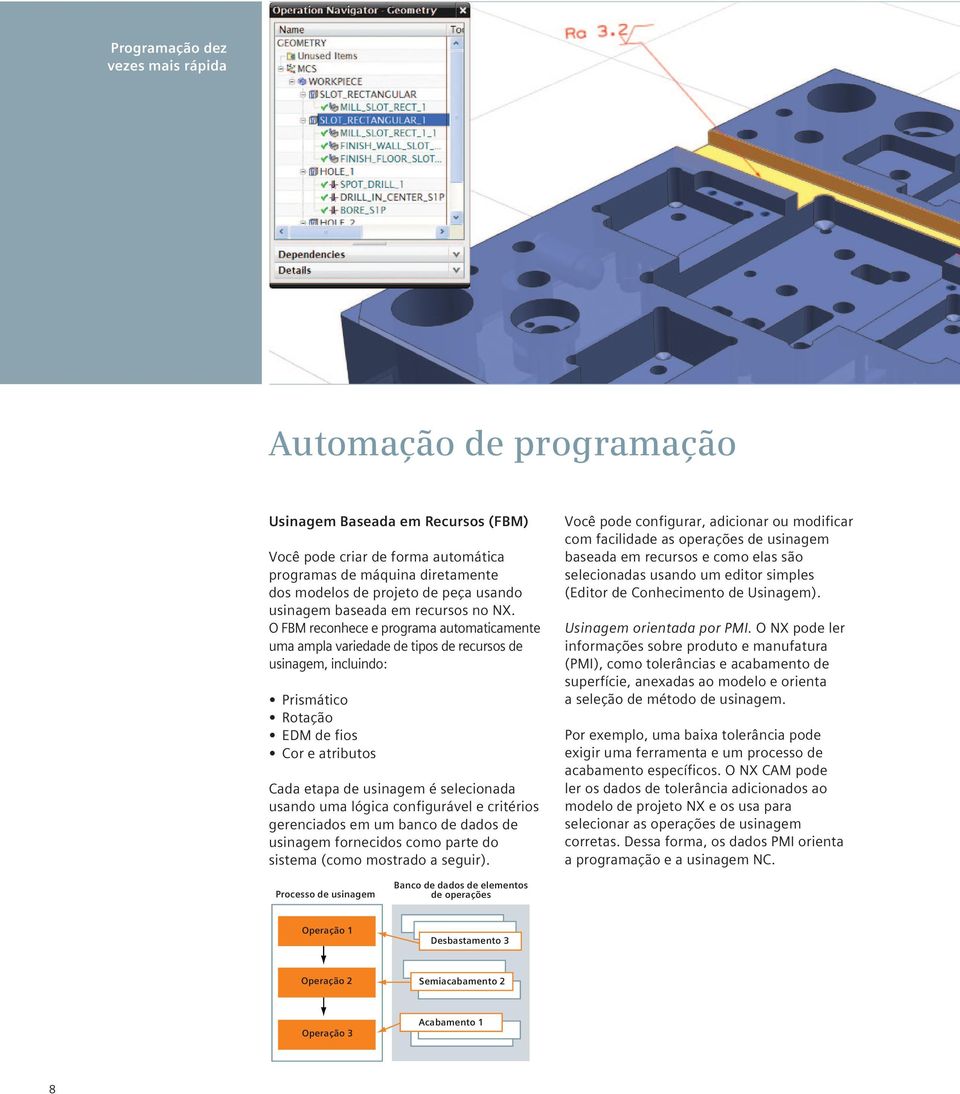 O FBM reconhece e programa automaticamente uma ampla variedade de tipos de recursos de usinagem, incluindo: Prismático Rotação EDM de fios Cor e atributos Cada etapa de usinagem é selecionada usando